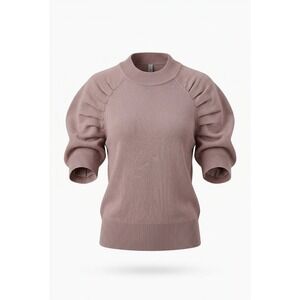Böhme Mauve Pink Pleated Puff Sleeve Mock Neck Knit Sweater Top Medium